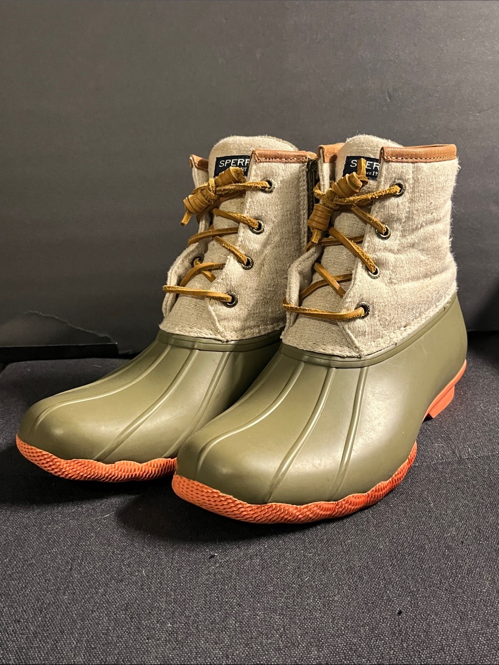 Sperry Olive Green and Orange Rubber Waterproof Duck Boots